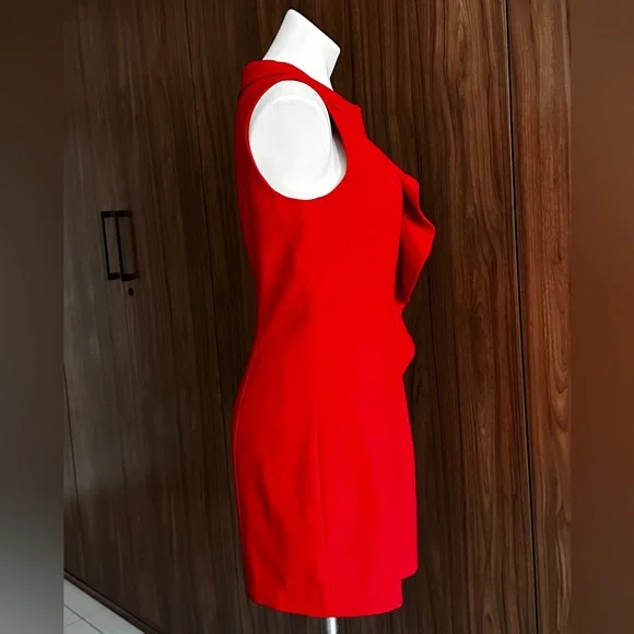 Calvin Klein Red Formal Classy Midi Length Sheath Fitted Ruffle Front Size 8 - Picture 6 of 11